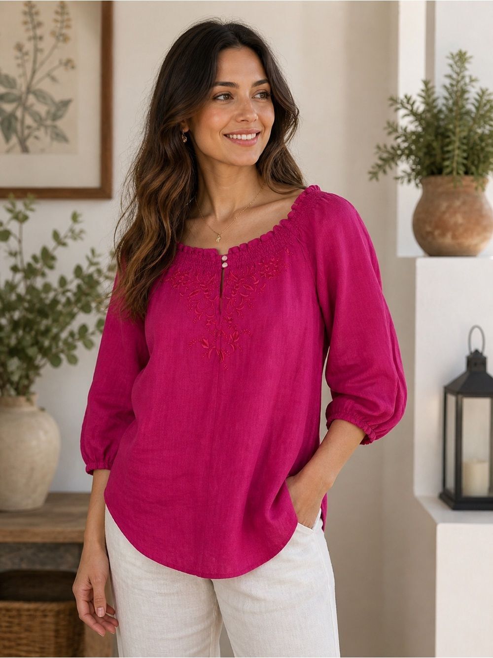 (T4)LAUREN Ralph Lauren Women's 100% Linen Blouse and Embroidery on the Front,XS